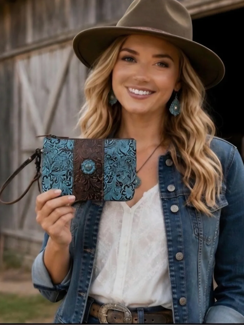Myra NWT Bag Women’s Brown Tooled Leather Wristlet with Turquoise Accent